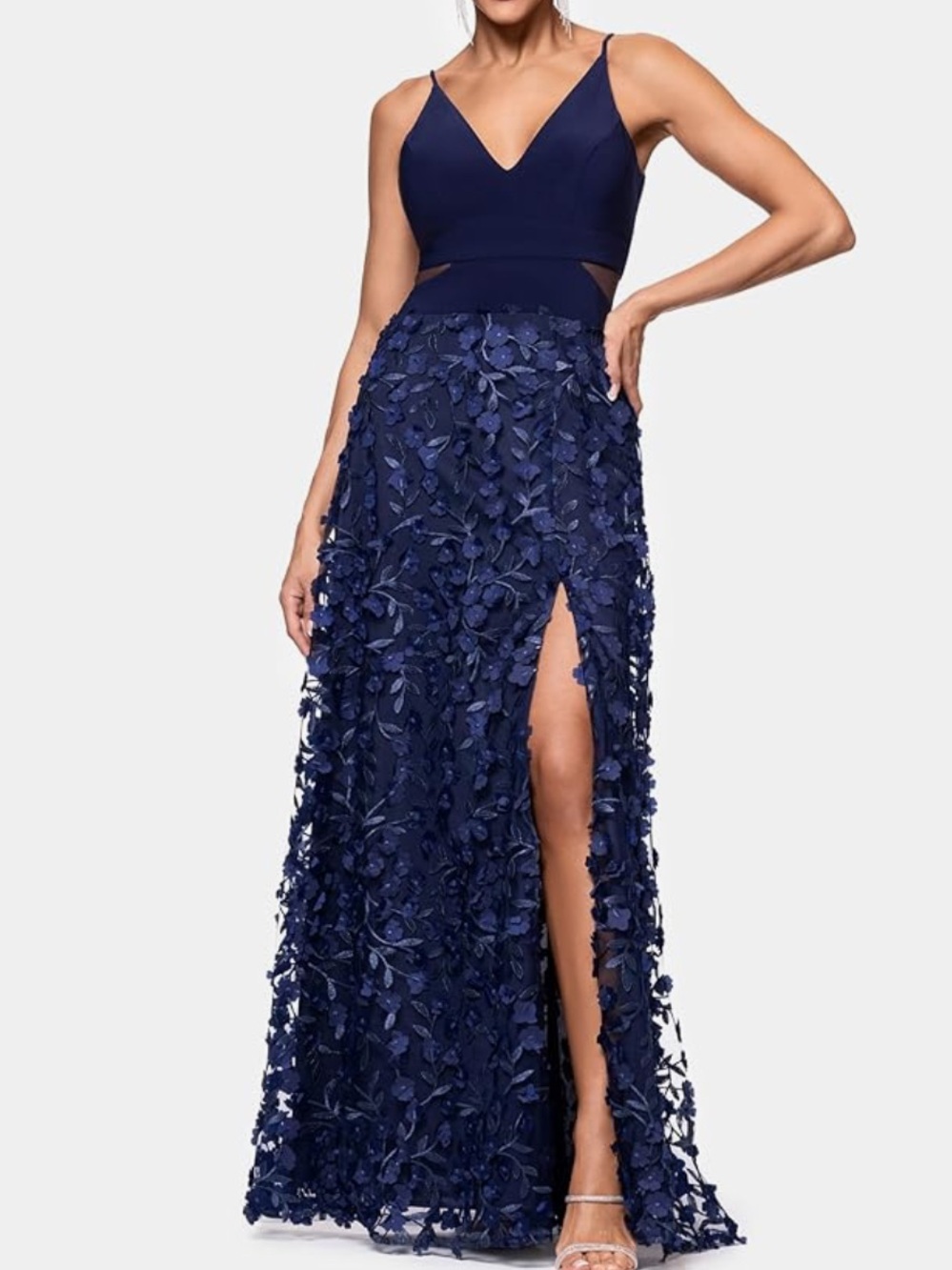 Xscape Navy Blue 3D Floral Appliqué Evening Gown Formal Dress Size 10 NWT - Picture 2 of 10